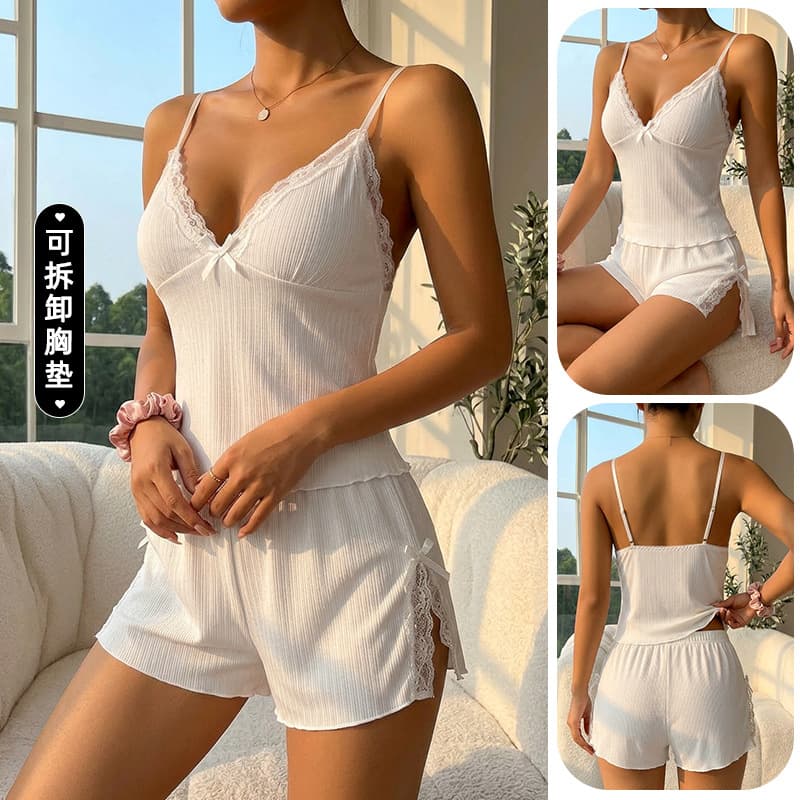 Cross-border Simple Ribbed Strap Homewear Lace Trim Split Shorts with Removable Pads Women's Pajamas 1515