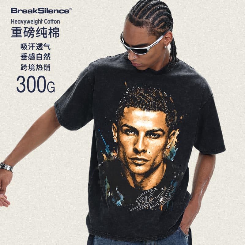 2026 Cross-Border Ronaldo Spring and Summer American Retro Style Street White Ink Direct Printing 300G Solid Color Boys Short Sleeves