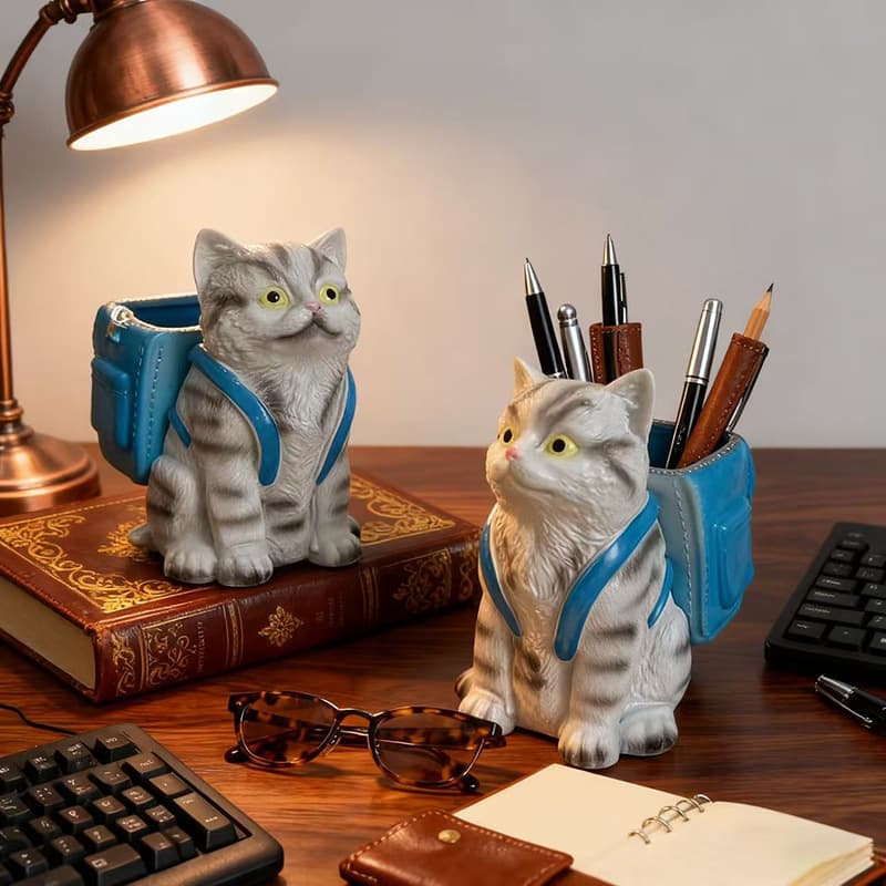 Creative Cute Cat Pencil Holder Organizer Office Student Stationery Kids Boys Girls Decorative Figurine