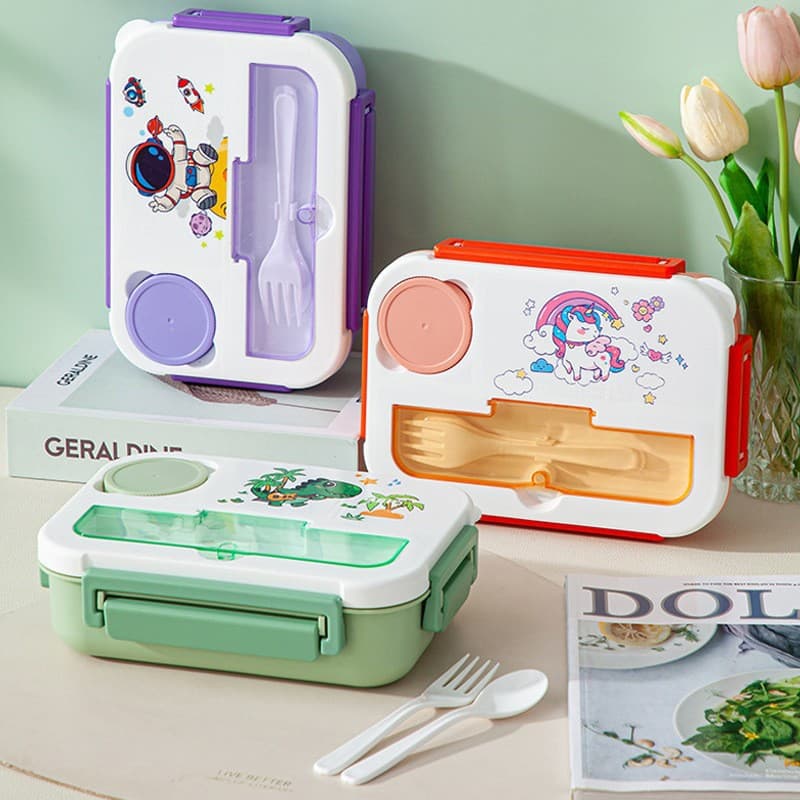Cute Cartoon Lunch Box for Elementary Students with Cutlery, Dinosaur Compartment Fruit Lunch Bento Box, Microwave Safe