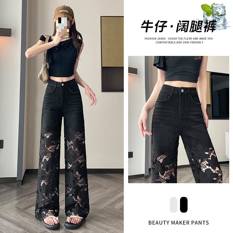 Heavy Craft Lace Patch Hollow Beaded Wide-Leg Jeans for Women Summer Thin Style 2026 New High-Waist Loose Straight-Leg Pants