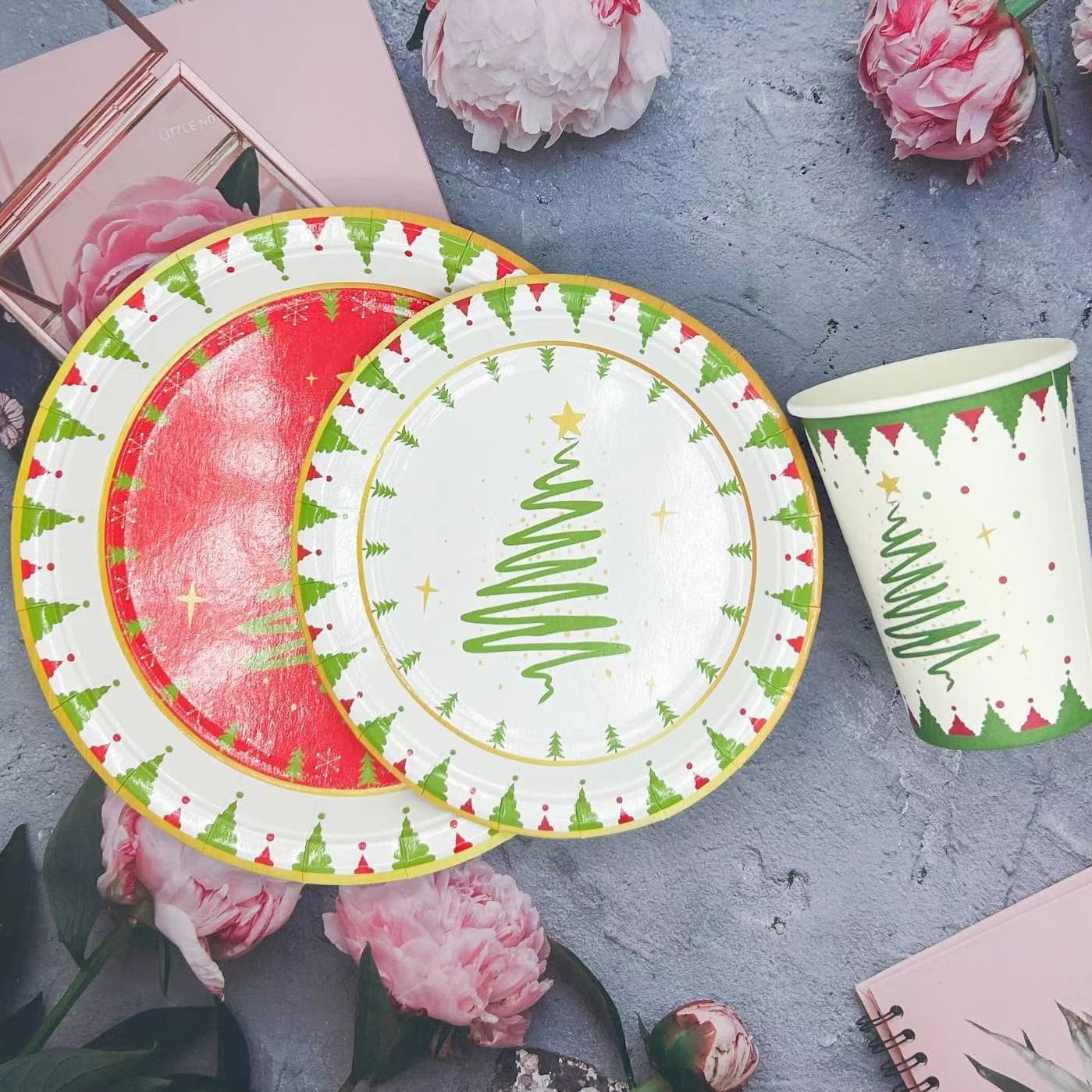 Custom disposable paper plates and cups for birthday parties, themed sets including Christmas series paper plates
