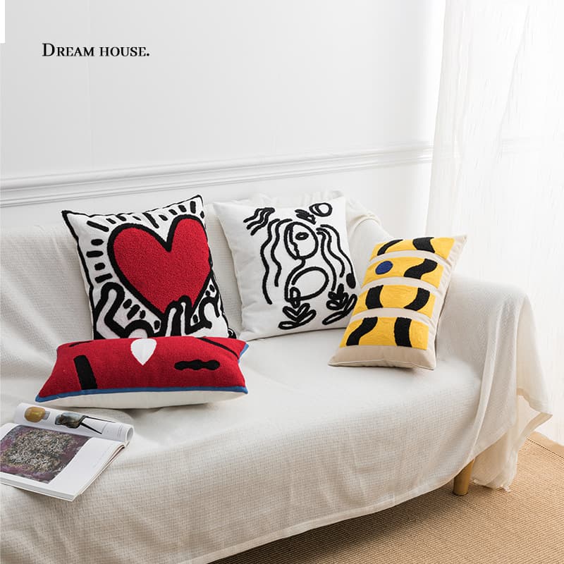 Nordic Ins Style Abstract Face Art Sofa Living Room Luxury Bed Pillowcase Cotton Material Heart Pattern Embroidery Process