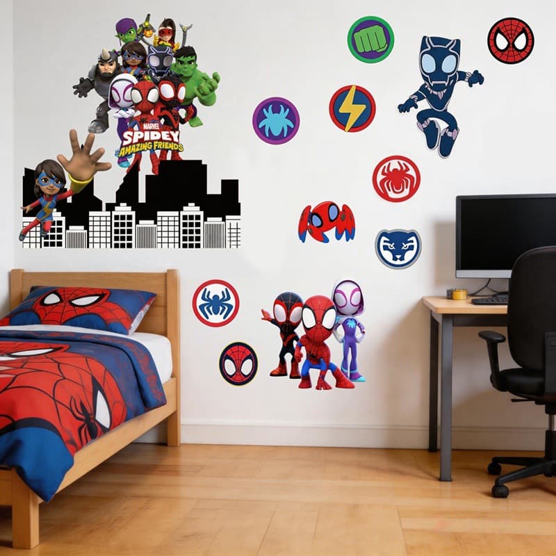 Spider-Man and His Amazing Friends Full Set Combo Wall Sticker Q-version Hero Badge Split Kids Room Decal