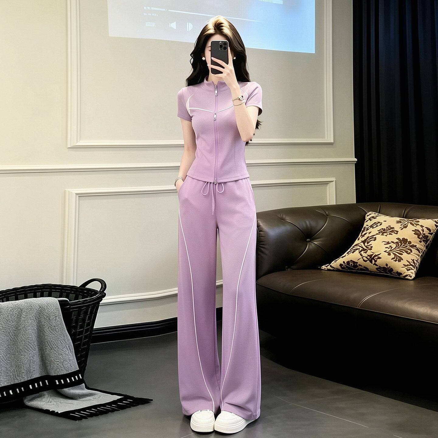 Purple Casual Sport Set for Women 2026 New Summer Style Age-Defying Stand Collar Top Wide-Leg Pants Two-Piece Trendy