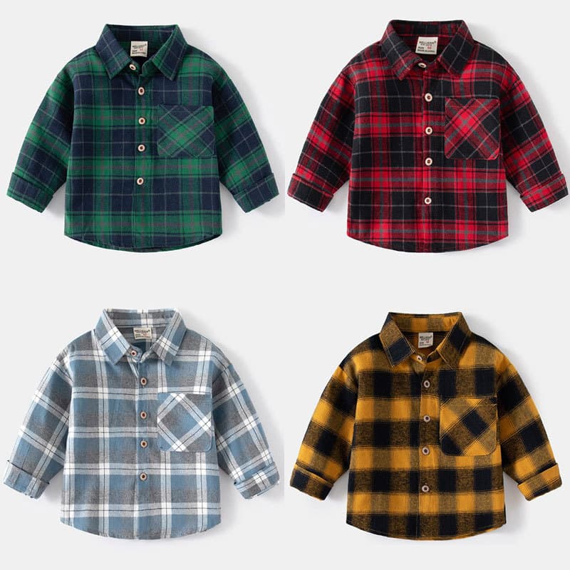 Boys Plaid Shirt Brushed Spring Autumn 2026 New Kids Clothing Baby Spring Top Boys Shirt