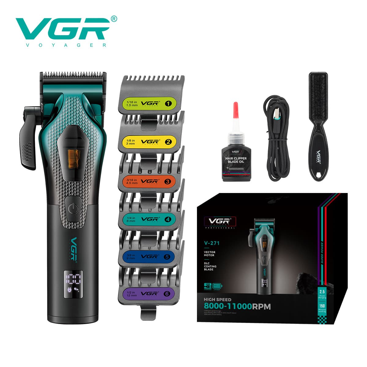 VGR271 Cross-border Electric Hair Clipper, Rechargeable Digital Display, Professional Men's Hair Trimmer, High Speed 11000RPM