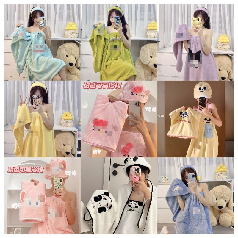 Cartoon bath skirt, coral fleece thickened bath towel, wearable and wrap-around, absorbent bathrobe, hair drying cap, three-piece bath dress set.
