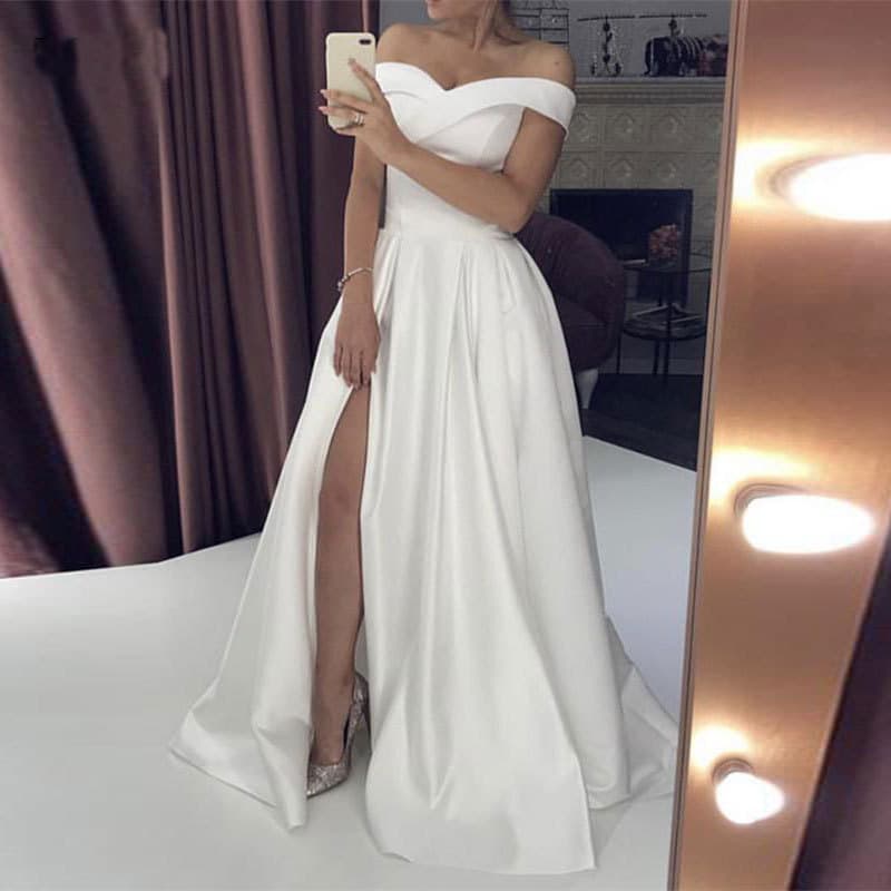 New One-Shoulder Satin Simple Elegant Long Wedding Dress for Amazon, AliExpress, Wish, and Independent Sites in European and American Markets