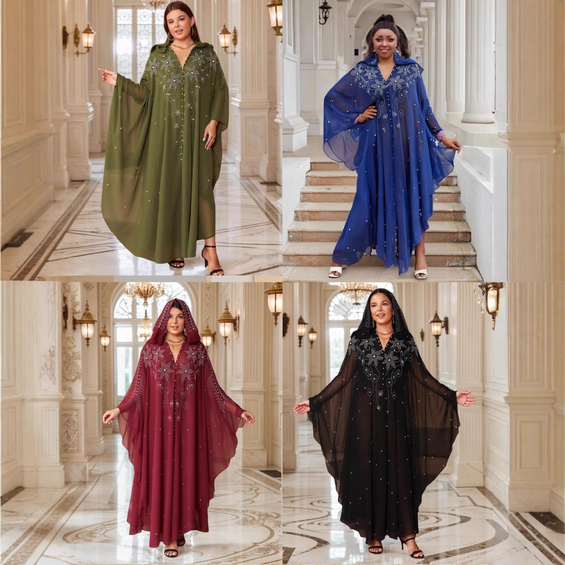 Cross-border African, European, and American Dress Robe with Pearl Chiffon, Heavy-duty Hot-fix Rhinestones, Beads, and Ready Stock from Manufacturer