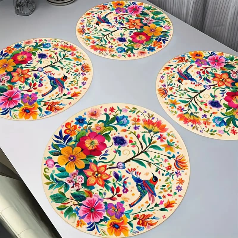 Cross-border Spring Floral Placemat Vivid Mexican Style Floral and Bird Round Placemat 13.8 Inches