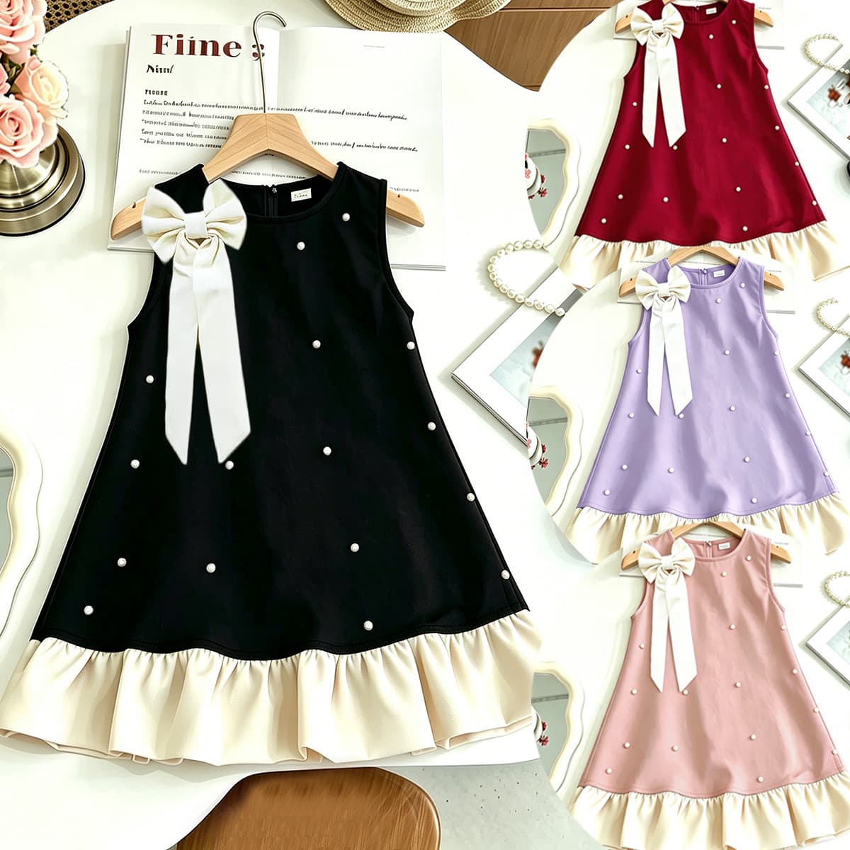 Girls' Dress Bow Tie Fashion Elegant Vest Dress Little Fragrance Sparkly Princess Dress Summer New Sleeveless Dress