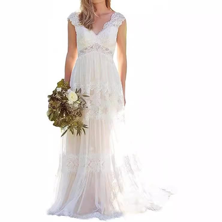 Premium Wedding Dress 2025 New Summer Bride Deep V-Neck Lace Fitted Train Luxurious Puffy Gown