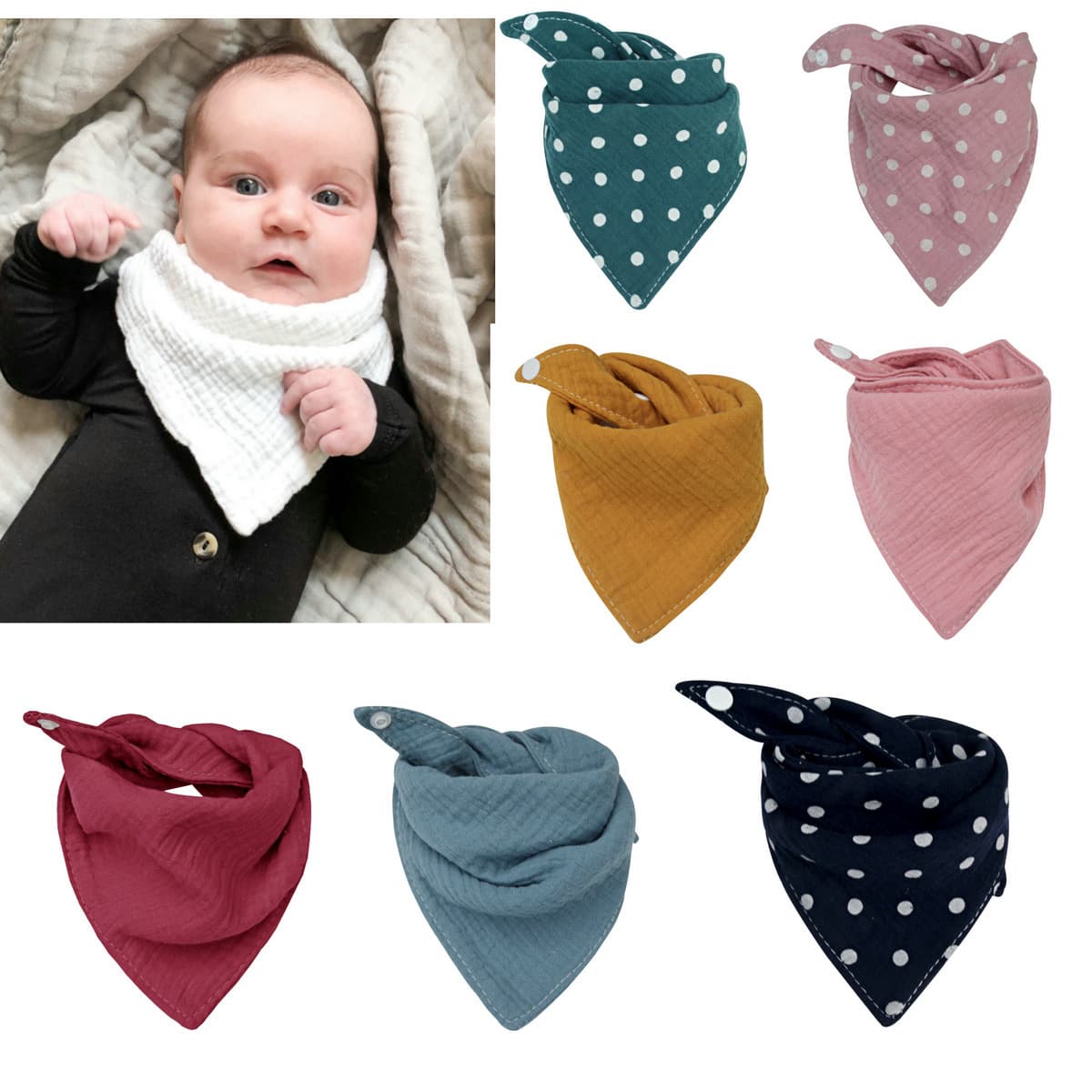 Cross-border baby products: newborn pure cotton bibs, baby ball-shaped triangular bibs, baby collar bibs, and bibs.