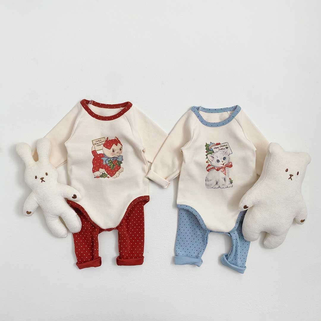 26 Autumn Korean-style Baby Romper Set Ins Christmas Cat Print Crawling Suit Baby Bodysuit Two-Piece Set