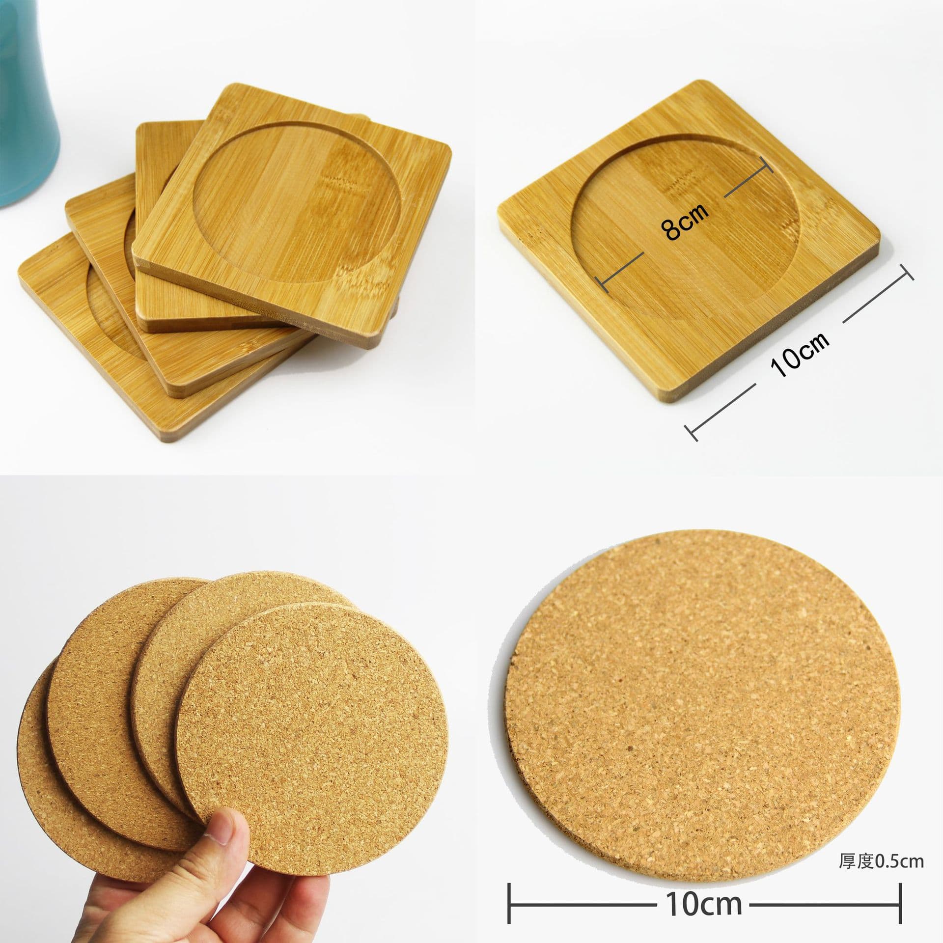 Natural bamboo mat with moss micro-landscape glass bottle, square base cork tea coaster and placemat