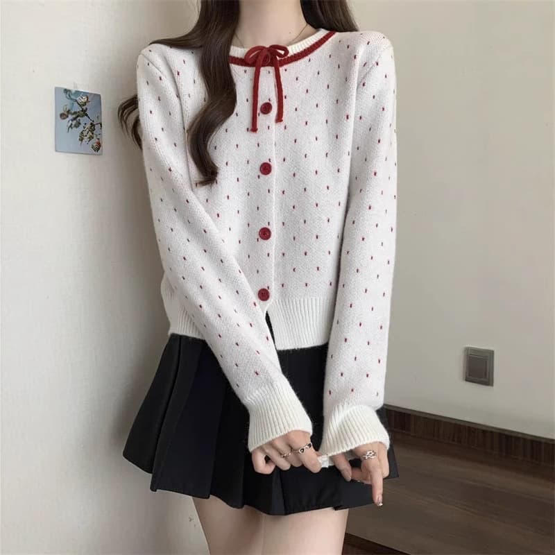 New Design Contrast Color Round Neck Heart Jacquard Knit Cardigan Spring Loose Long Sleeve Top Sweater Jacket
