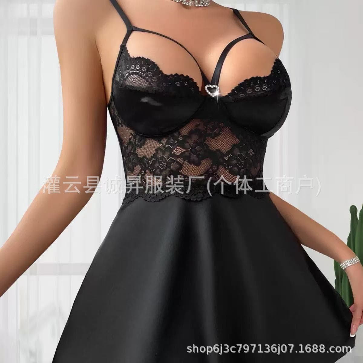 Cross-border foreign trade new sexy lingerie love diamond button lace splicing low-cut suspender skirt backless sexy nightgown
