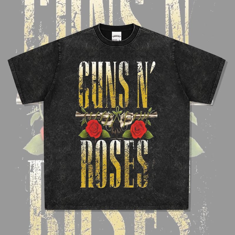 Cross Border Retro Rock Band Guns & Roses Retro Washed Short Sleeve T-Shirt Crewneck Guns Flower Retro Print