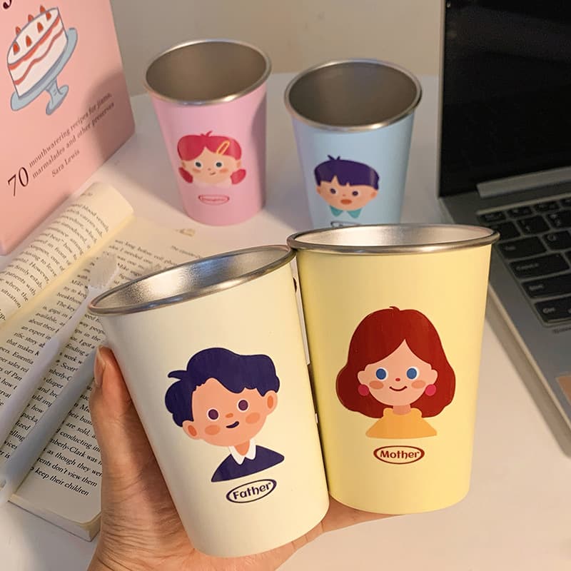Stainless Steel Toothbrush Cup, Stain-Resistant Couple Creative Rinsing Cup, Cartoon Family Style, Thickened Home Mouthwash Cup, Anti-Mold