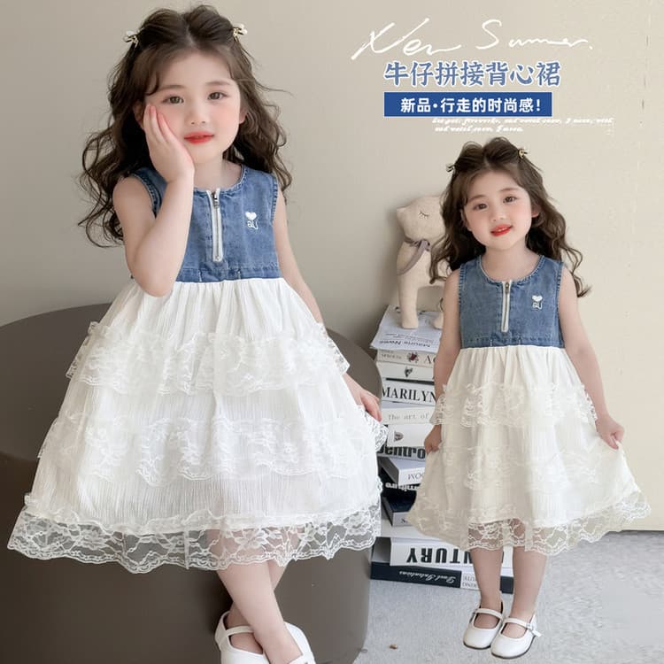 Girls dress summer 2026 new style children's fashionable baby girl mesh thin denim skirt summer dress