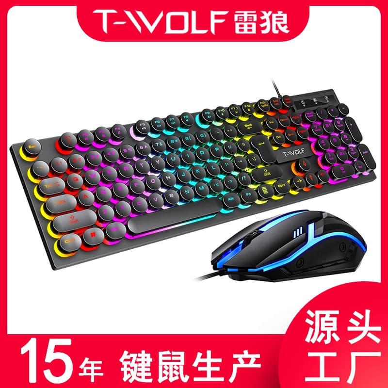 T-WOLF Thunder Wolf TF270 Steampunk Keyboard Mouse Set USB Luminous Game Retro Round Key Cap Russian