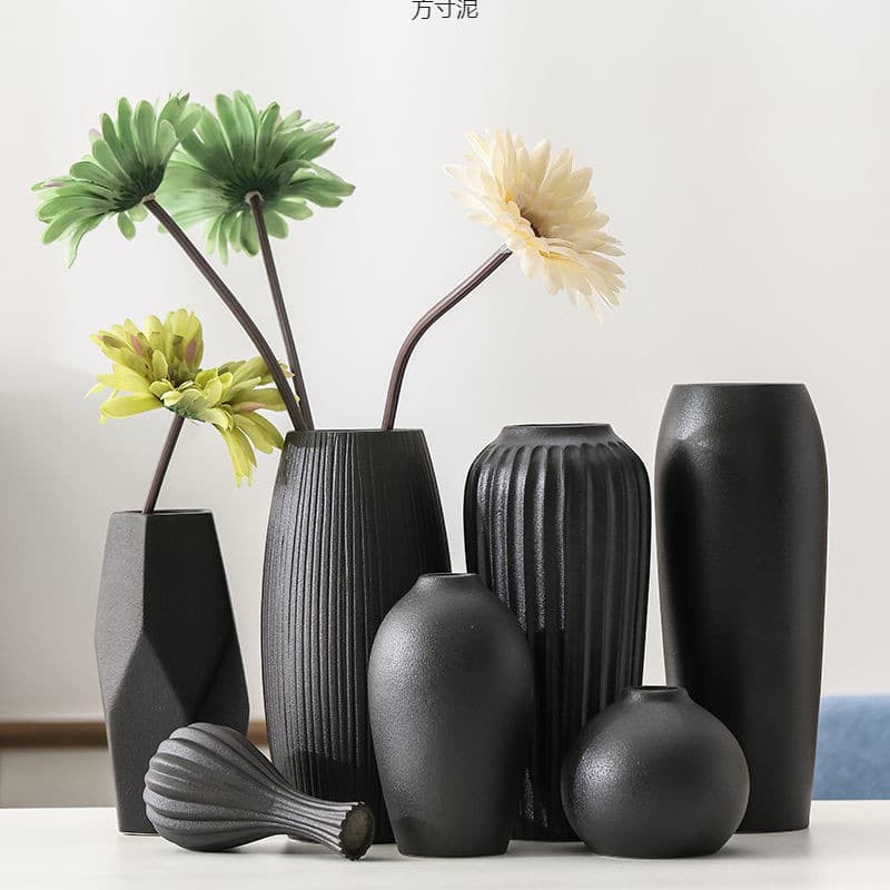 Vintage Ceramic Vase Black Pottery Living Room Home Minimalist Flower Arrangement Decoration Black Japanese Style Dried Flower Small Vase