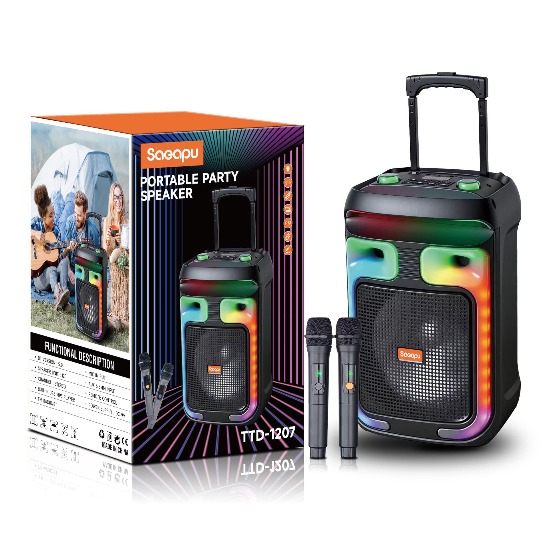 New 12-inch TTD-1207 Portable Bluetooth Speaker with Colorful Lights, Outdoor Portable Bass Speaker