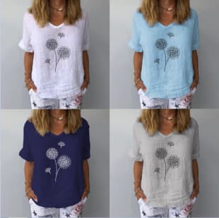 2026 Amazon TK Independent Station European and American Hot Selling Short Sleeve Cotton Linen Loose Dandelion Print Top