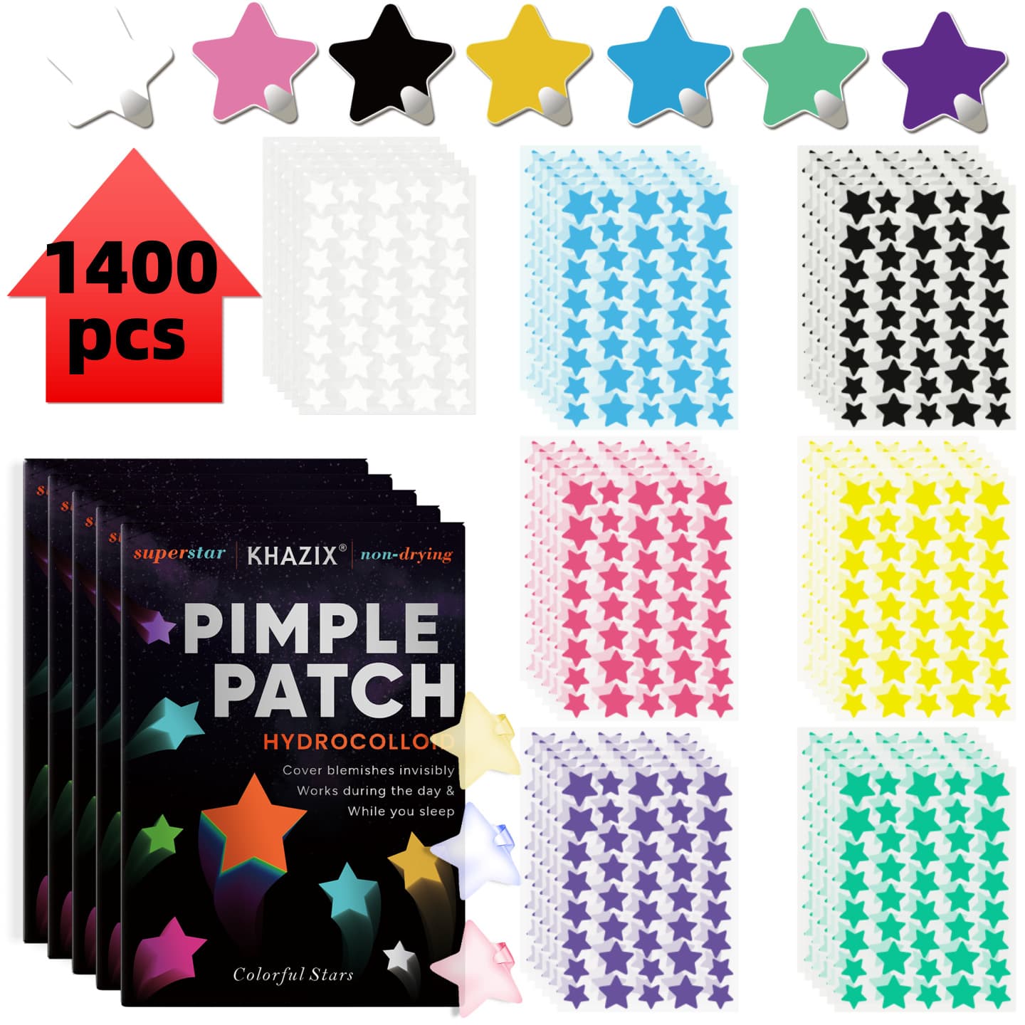 1400pcs Temu Best Seller Cross-Border Wholesale Cartoon Star Colored Large-Size Acne Patches, Concealing and Invisible