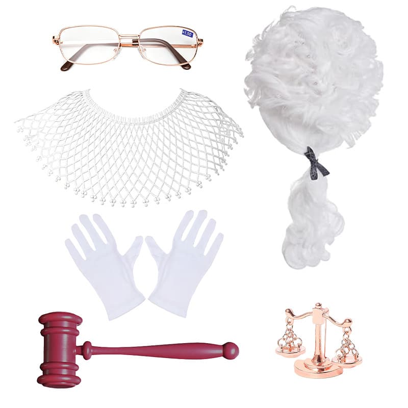 Halloween Cosplay White Lawyer Wig Headpiece Stage Costume Judge Wig Gavel Glasses Set