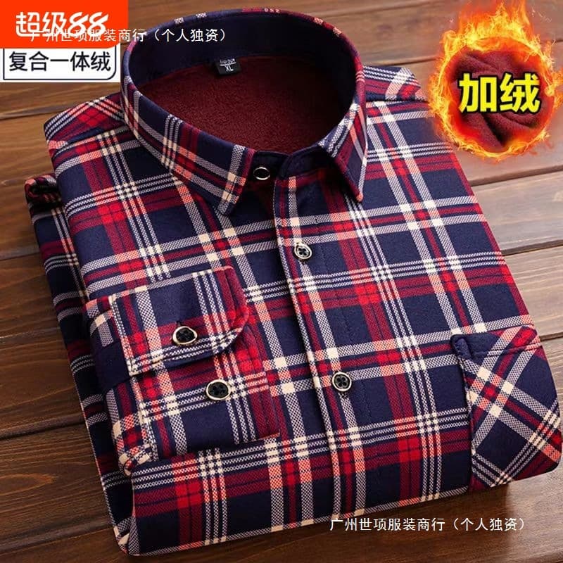 Thickened and fleece-lined plaid men's long-sleeved autumn and winter warm shirt jacket, men's casual dad outfit, thin style
