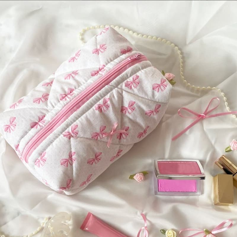 Simple small fresh cosmetic bag, cute girly heart bow zipper cosmetic storage bag, travel portable bag