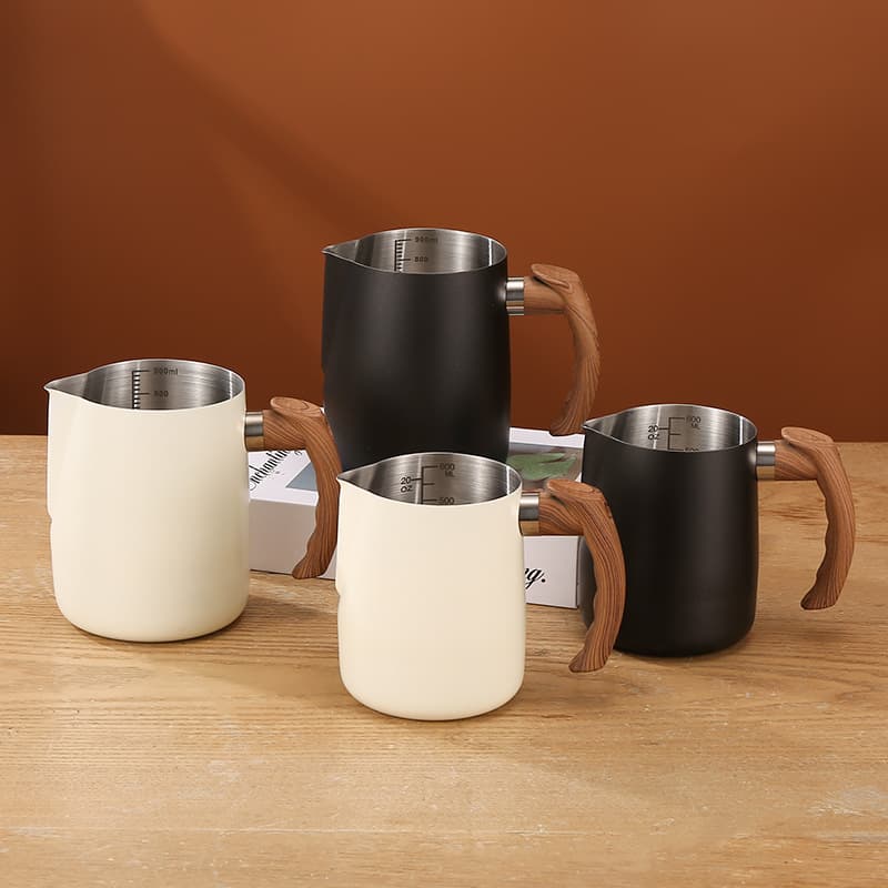 304 Stainless Steel Wood Grain Handle Pointed Spout Frothing Pitcher with Inner Scale, Coffee Cup, Milk Frother with Outdoor Style