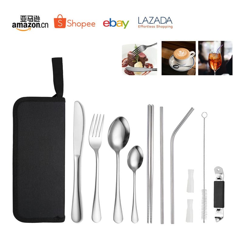 Cross-border Amazon Stainless Steel Portable 8-Piece Outdoor Travel Picnic Cutlery Set with Chopsticks and Straws - Hot Seller