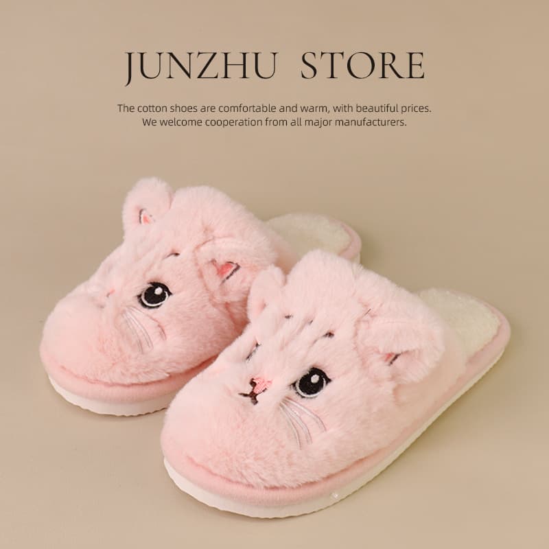 2026 Cross-Border Hot Selling Closed-Toe Cat Cotton Slippers for Couples, Cute Cartoon Home Thick Warm Plush Soft Sole