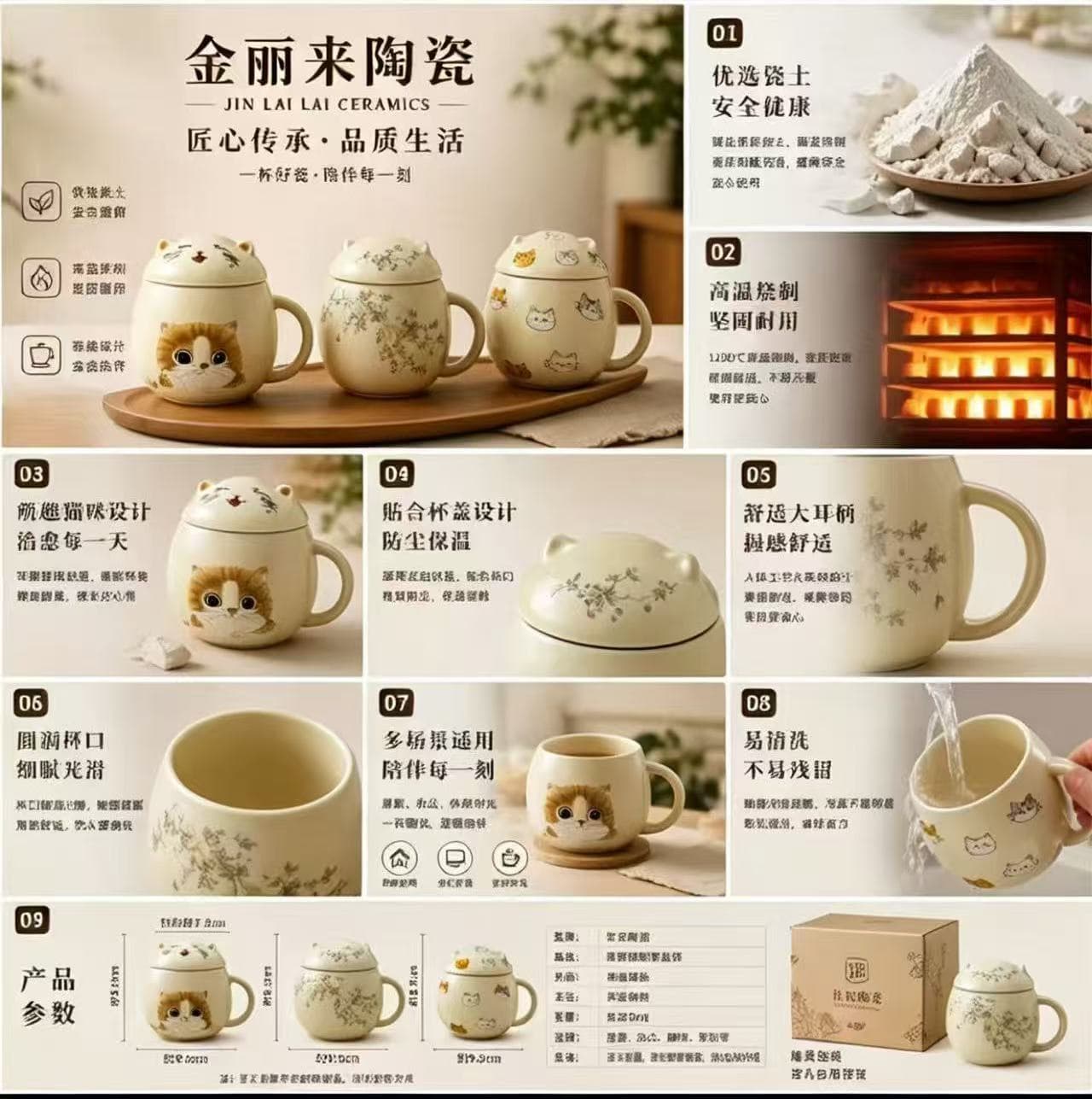 Broken-price cat cup, mug, water cup, tea cup, cartoon cup, high-looking thermos cup, household cup, coffee cup with lid