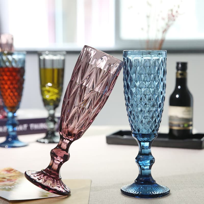 European Embossed Glass Champagne Glasses Colored Thickened Wine Glasses Restaurant Hotel Banquet Stemware Vintage Style