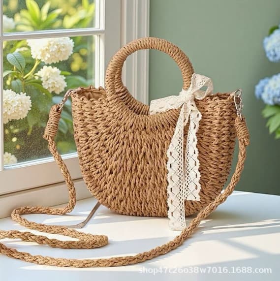 New Korean and Japanese Instagram Viral Retro Handwoven Bag, Straw Beach Bag, Woven Vacation Bag, Moon Bag, Round Bucket Bag