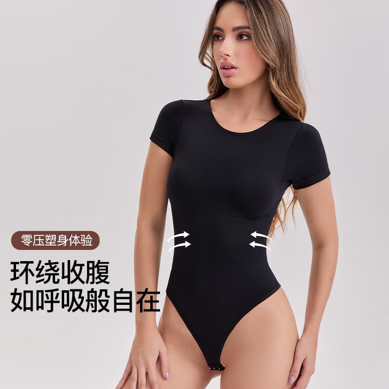 Women's Bodysuit Short Sleeve Tummy Control Butt Lift Shapewear Slimming Body Shaper European and American Style Button Thong Shapewear
