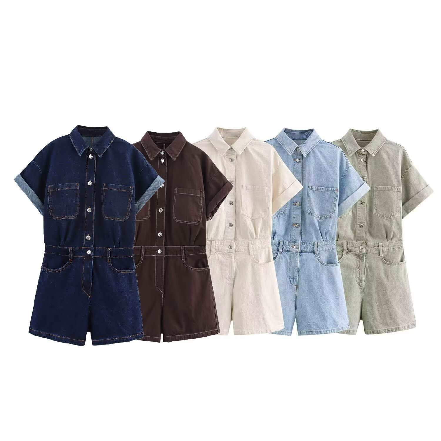 Denim Jumpsuit New Short Style Simple European and American Fashion Casual Women's Clothing Cross-Border Temperament