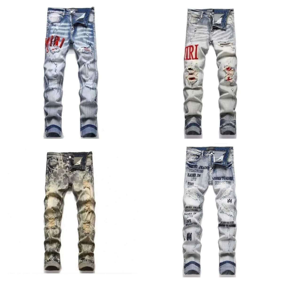 In Stock for Export Amazon Black Gray Distressed Ripped Wild European American Style Maple Leaf ICON Trendy New Jeans for Men
