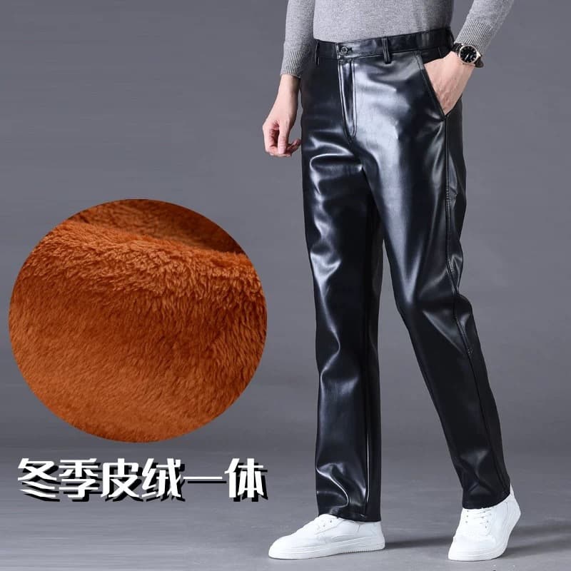 Men's Leather Pants Fleece-Lined Thick Loose Waterproof Oil-Resistant Windproof Middle-aged and Elderly Warm Pants Wear-Resistant Workwear Pants