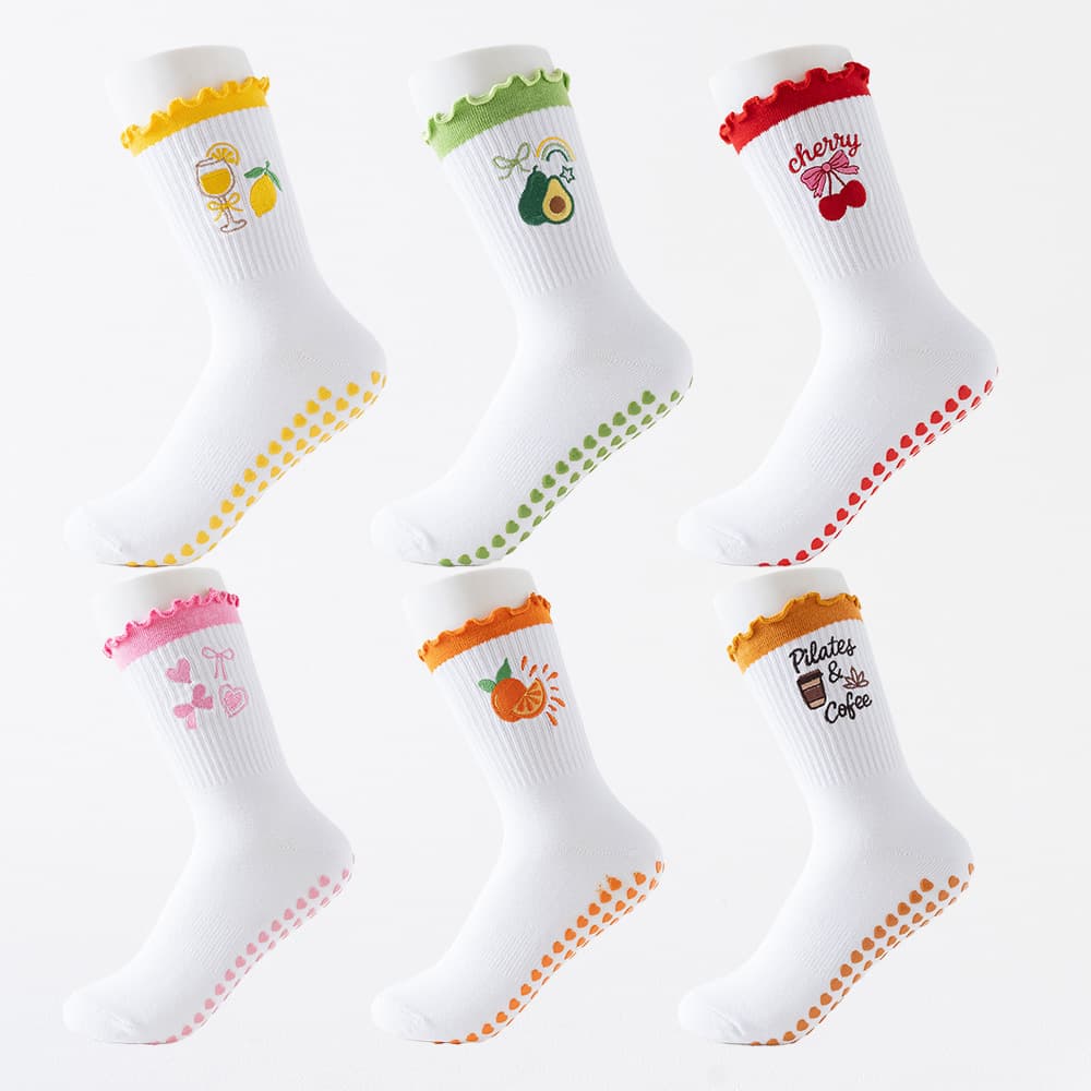 Mid-Calf Sports Socks for Women, Professional Non-Slip Yoga Socks, Fitness Embroidered Pattern Lace Grip Socks, Pilates-Specific