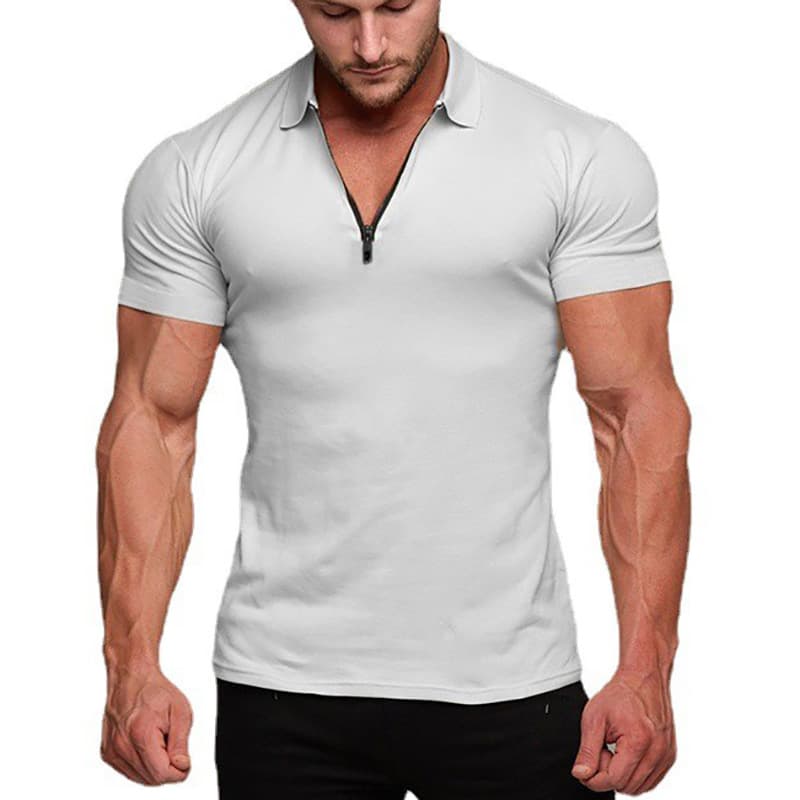 Cross-Border Quick-Dry Lightweight Polo Shirt with Zipper, Solid Color Short Sleeve Top, Slim Fit Muscle Fitness Base Layer