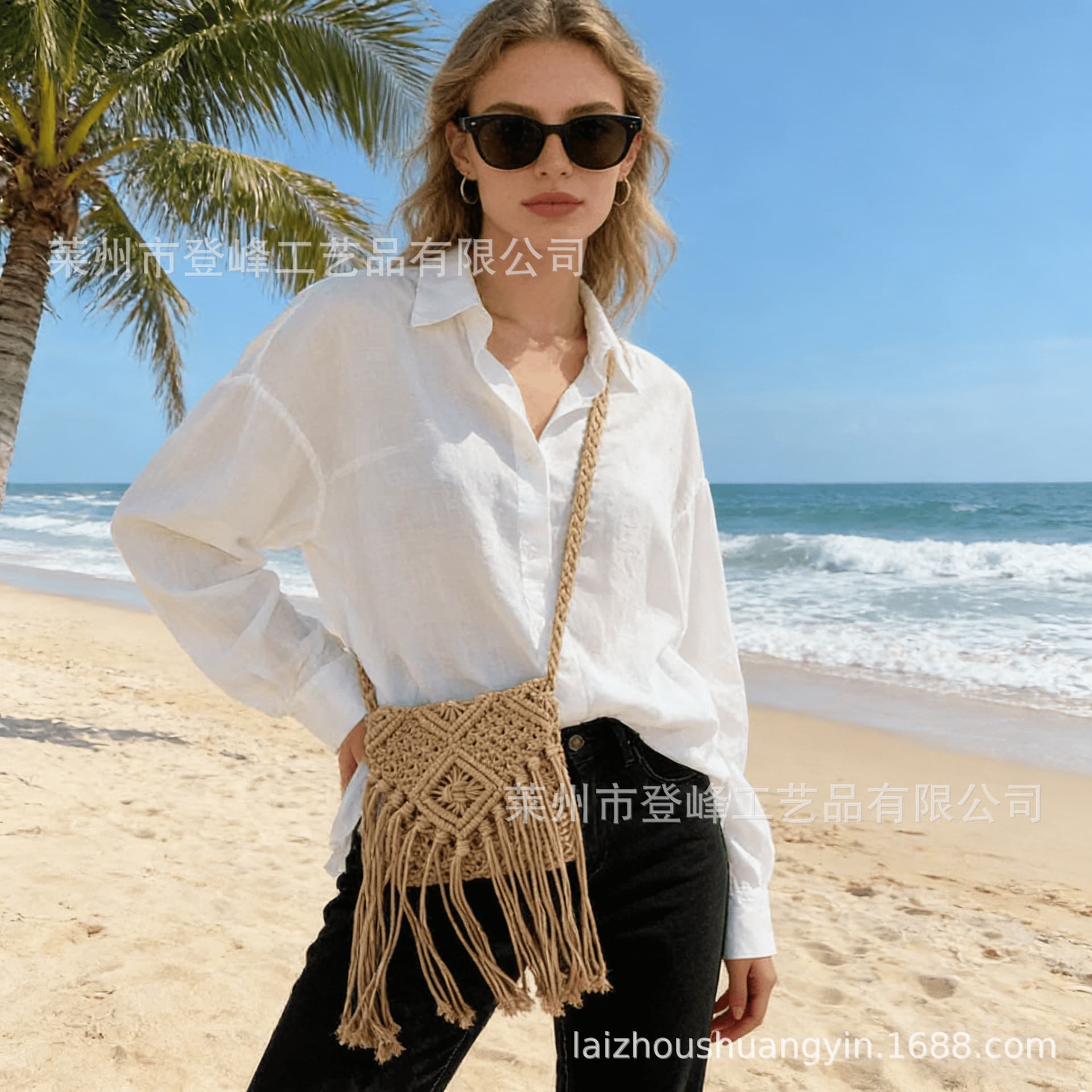 Women's crossbody bag, hand-woven bag, cotton cord knitted tassel bag, seaside beach vacation shoulder bag, straw bag