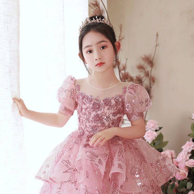 Girl's Piano Performance Dress 2026 Summer New Style Little Girl Pink Tulle Catwalk Host Gown