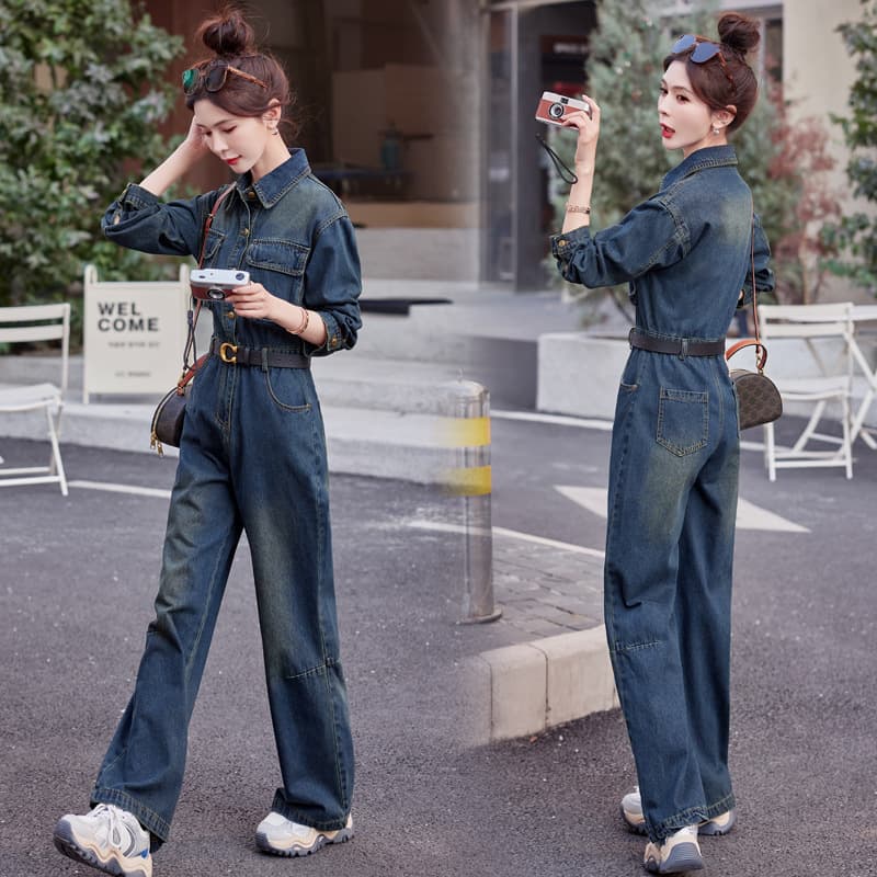 Vintage Denim Jumpsuit for Women 2025 Spring/Autumn New Fashion High-Waist Slim Fit Long Pants