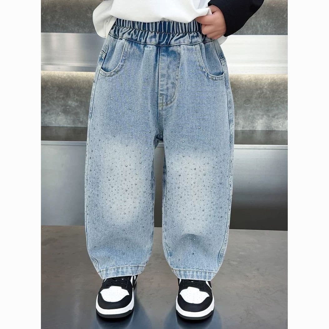 Boy's Spring Jeans 2026 Rhinestone Spring Autumn Children's Pants Middle Boy Baby Boy Loose Straight Leg Trendy Pants