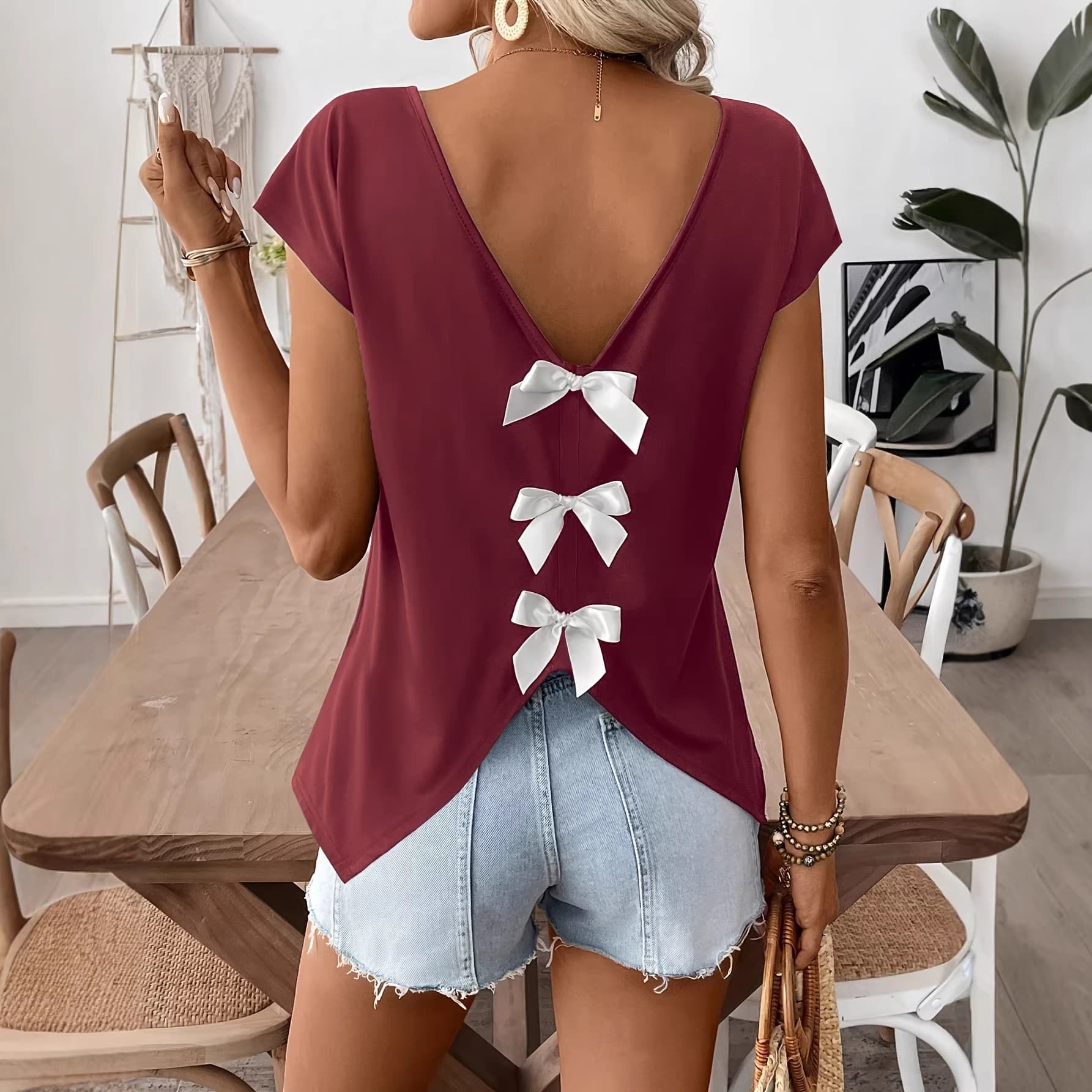 2026 Summer Sweet Temperament Slim Bottoming Short Feifei Sleeve Top Women V Neck Bow Slit Short Sleeve Pin